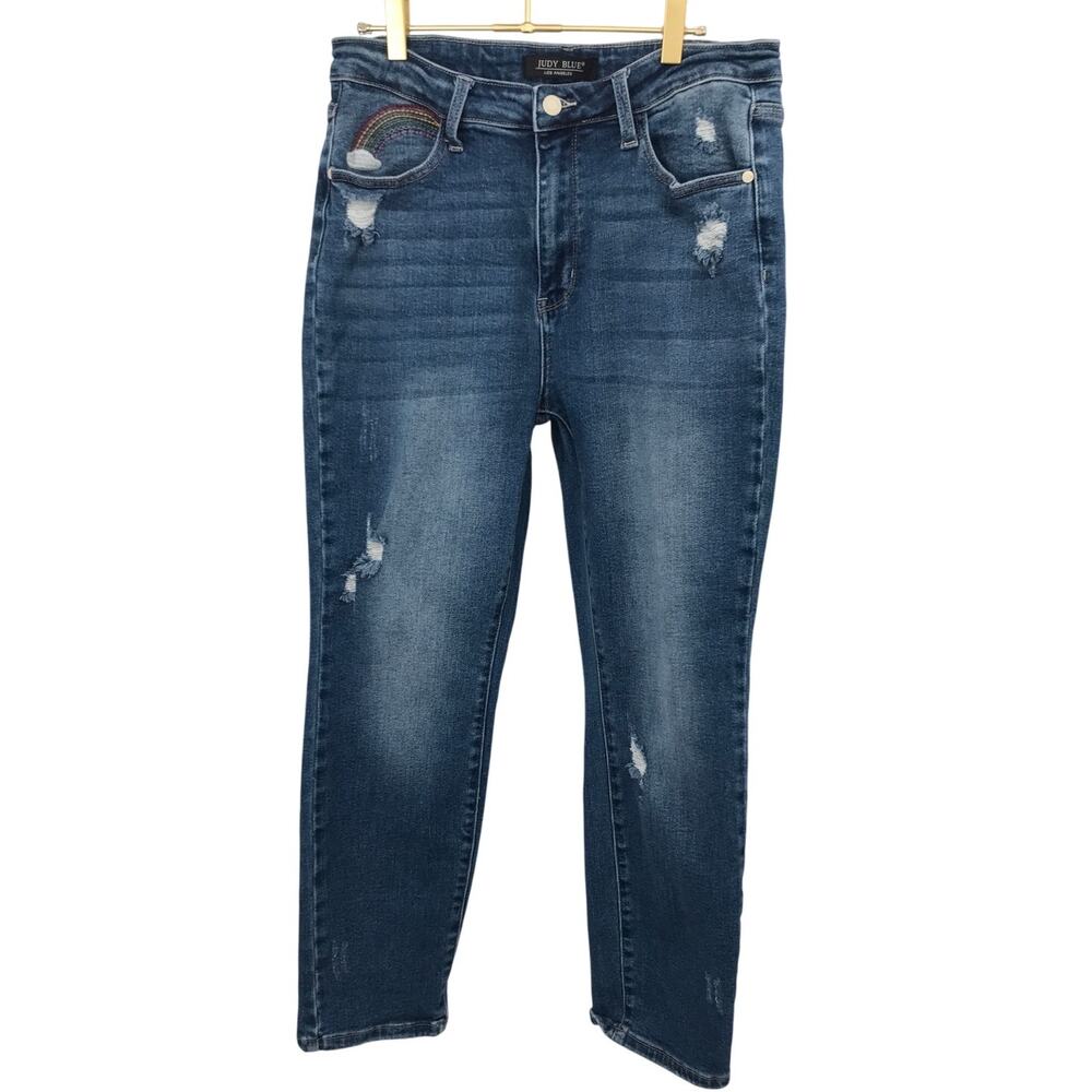 Judy Blue Medium Wash Embroidered Straight Leg Jeans Size 13 / 31 Cropped
